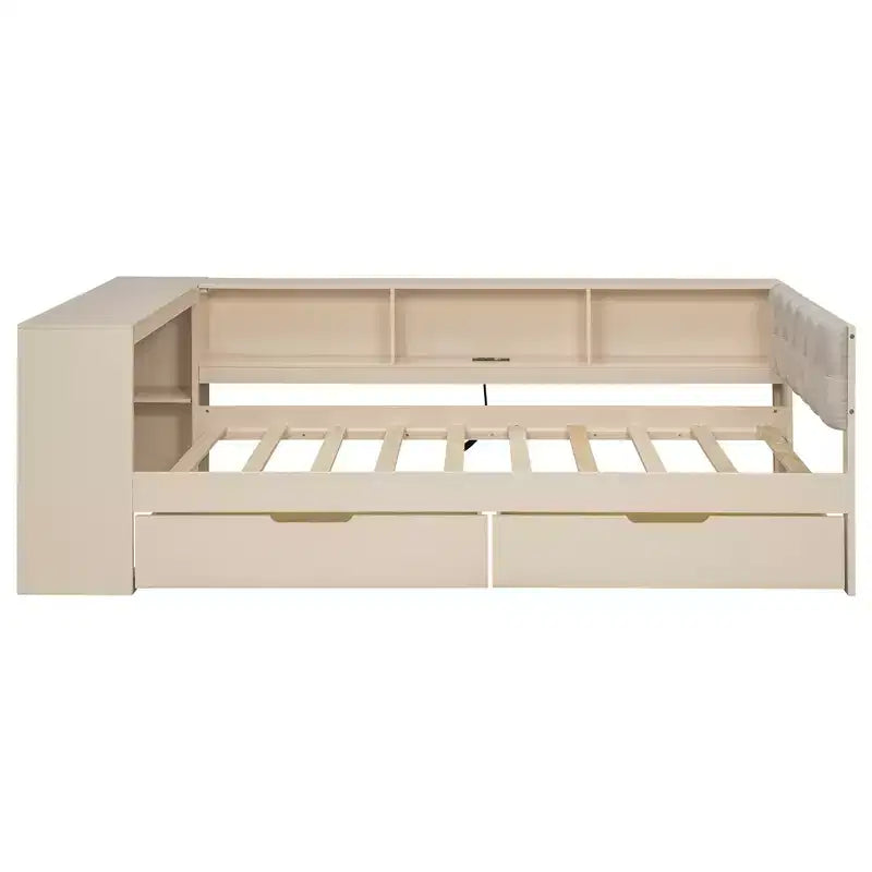 Divano letto a piattaforma crema con testiera a libreria a L, cassetti e ricarica, singolo/matrimoniale, 1-2 persone