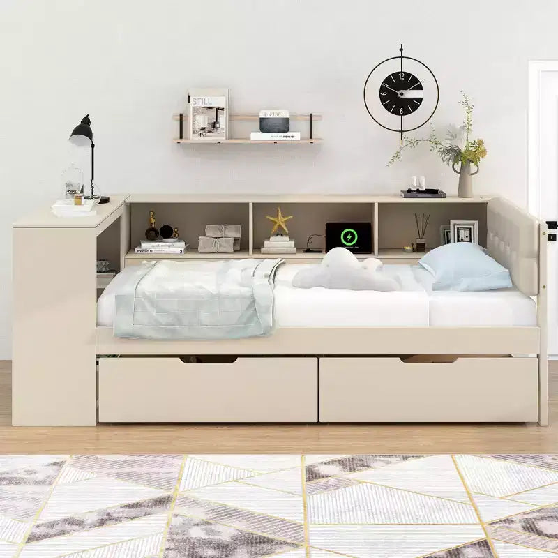 Divano letto a piattaforma crema con testiera a libreria a L, cassetti e ricarica, singolo/matrimoniale, 1-2 persone