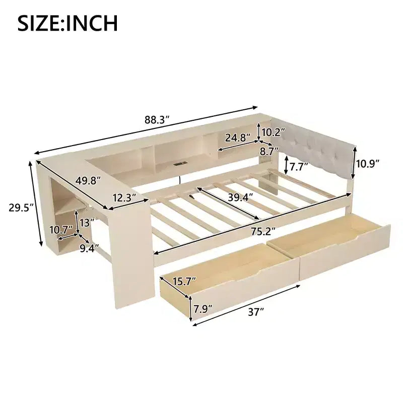 Divano letto a piattaforma crema con testiera a libreria a L, cassetti e ricarica, singolo/matrimoniale, 1-2 persone