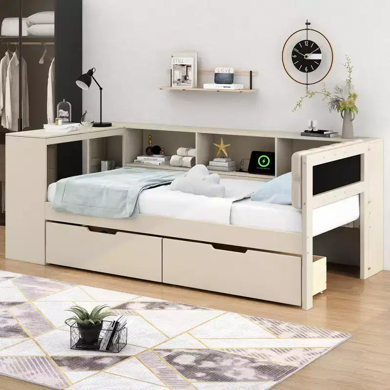 Divano letto a piattaforma crema con testiera a libreria a L, cassetti e ricarica, singolo/matrimoniale, 1-2 persone