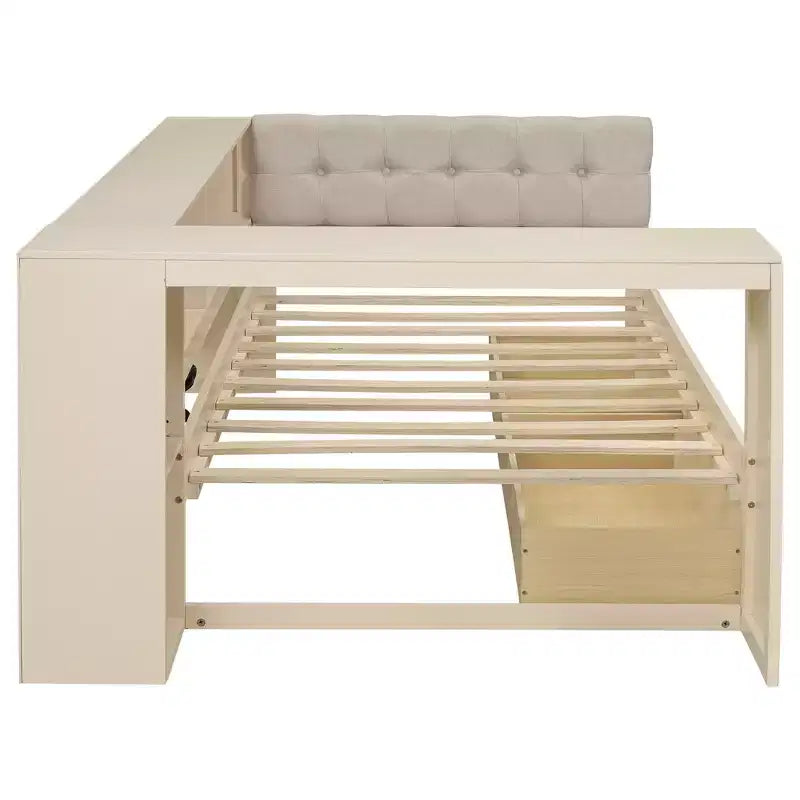Divano letto a piattaforma crema con testiera a libreria a L, cassetti e ricarica, singolo/matrimoniale, 1-2 persone