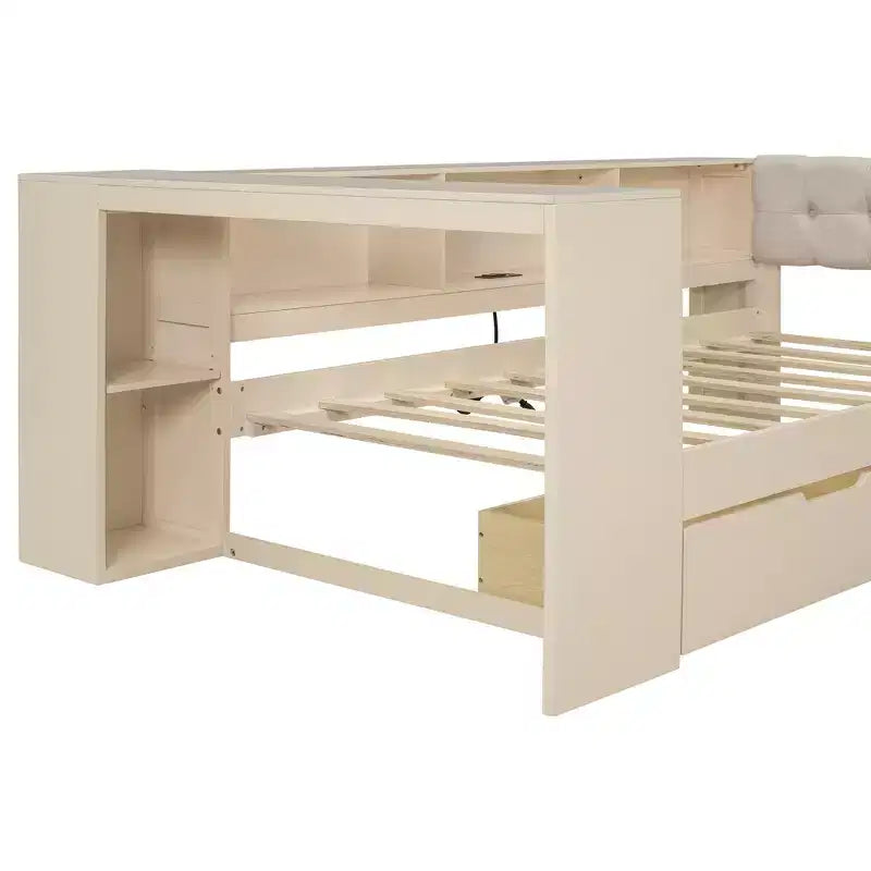 Divano letto a piattaforma crema con testiera a libreria a L, cassetti e ricarica, singolo/matrimoniale, 1-2 persone