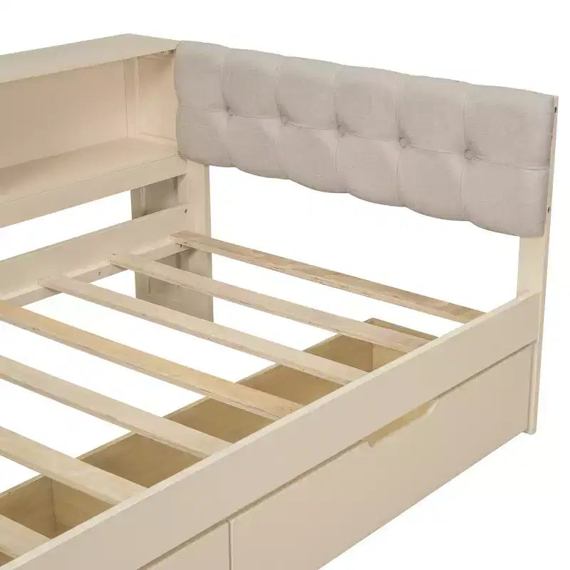 Divano letto a piattaforma crema con testiera a libreria a L, cassetti e ricarica, singolo/matrimoniale, 1-2 persone