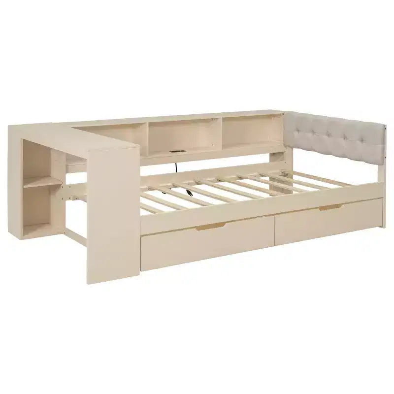 Divano letto a piattaforma crema con testiera a libreria a L, cassetti e ricarica, singolo/matrimoniale, 1-2 persone