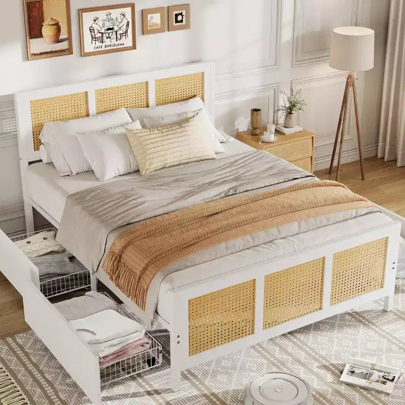 Struttura Letto con Piattaforma Boho in Rattan Bianco con 4 Cassetti, Matrimoniale Francese, per 1 Persona