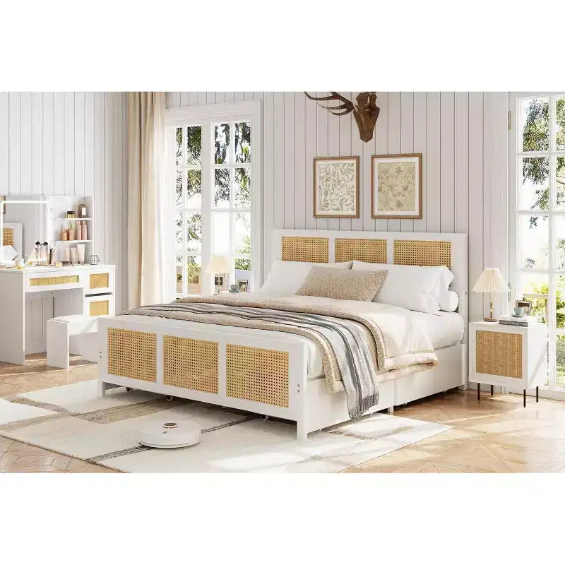 Struttura Letto con Piattaforma Boho in Rattan Bianco con 4 Cassetti, Matrimoniale Francese, per 1 Persona