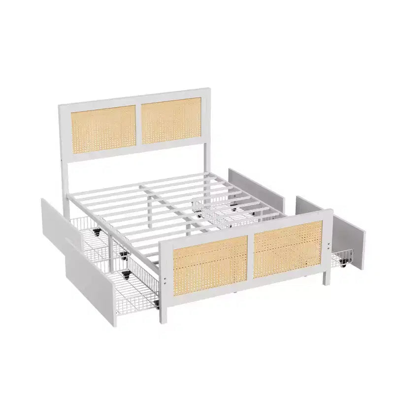 Struttura Letto con Piattaforma Boho in Rattan Bianco con 4 Cassetti, Matrimoniale Francese, per 1 Persona