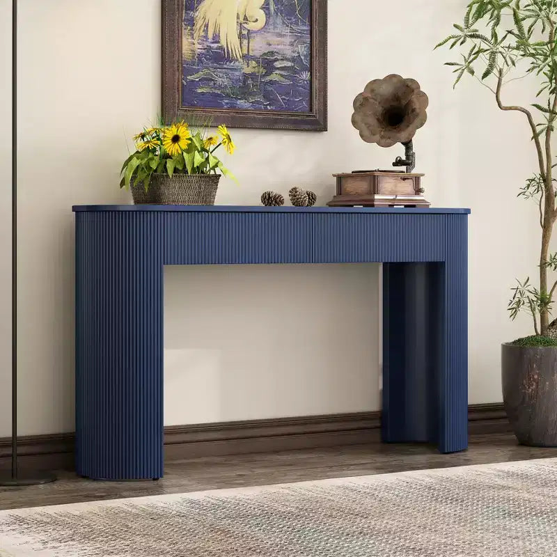 Consolle in legno scanalato moderno con 2 cassetti e piano ovale