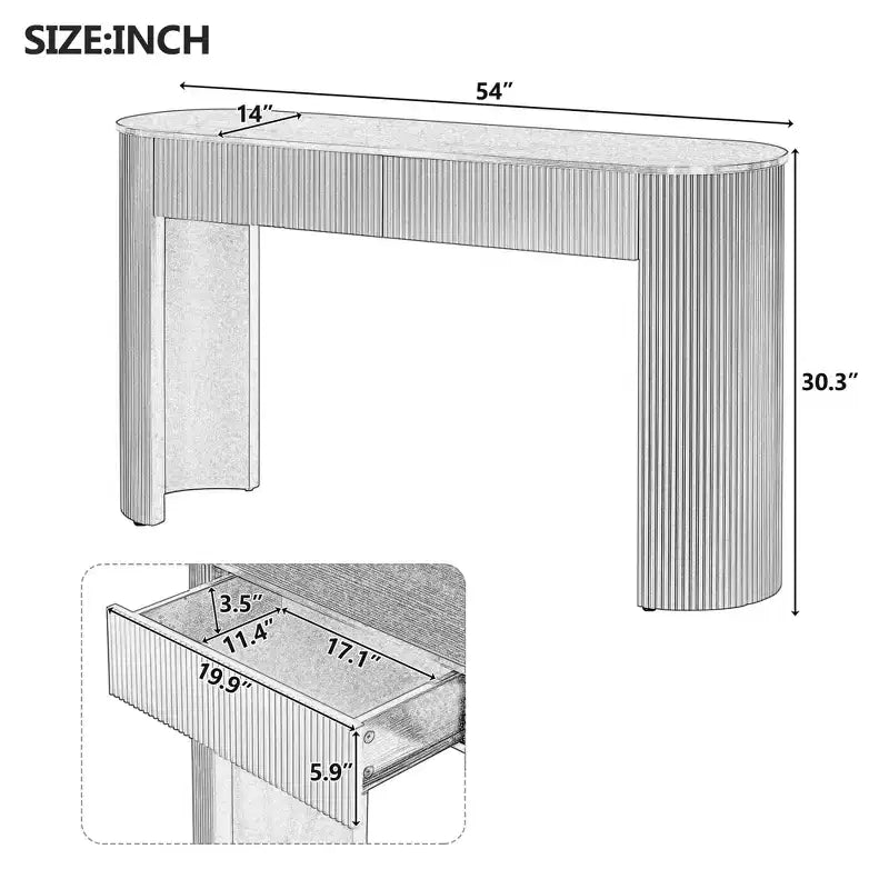 Consolle in legno scanalato moderno con 2 cassetti e piano ovale