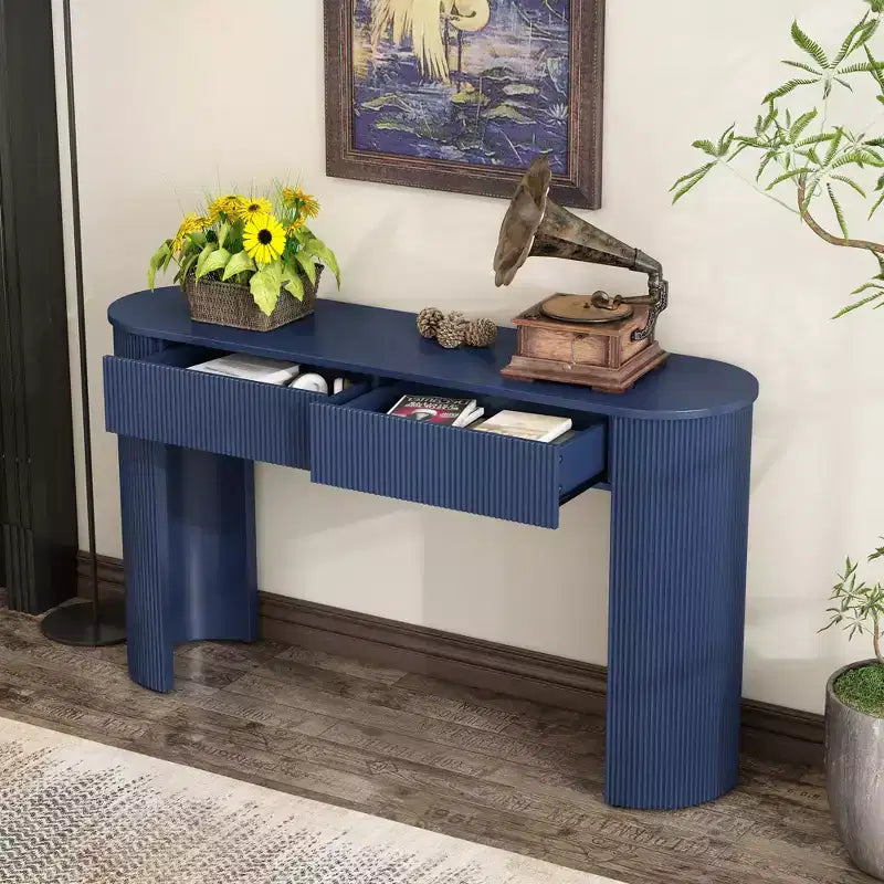 Consolle in legno scanalato moderno con 2 cassetti e piano ovale