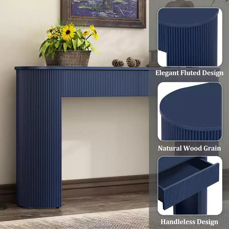 Consolle in legno scanalato moderno con 2 cassetti e piano ovale