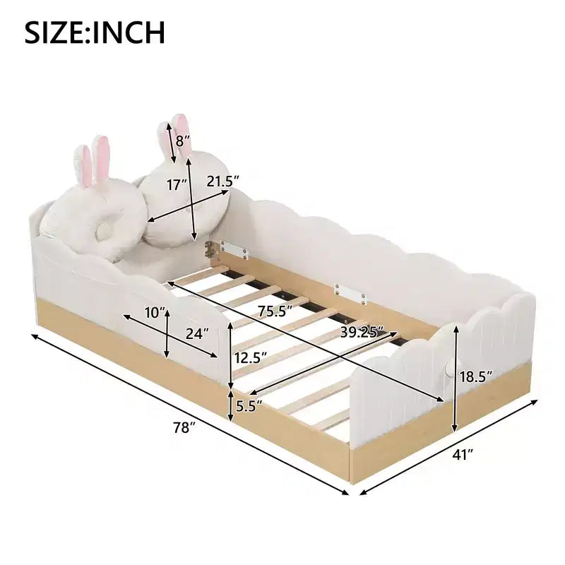 Letto a piattaforma singolo con testiera imbottita e borse portaoggetti