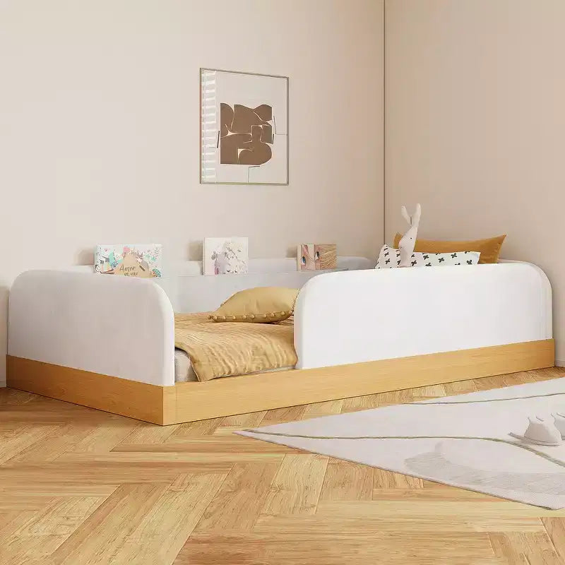 Letto a piattaforma singolo con testiera imbottita e borse portaoggetti