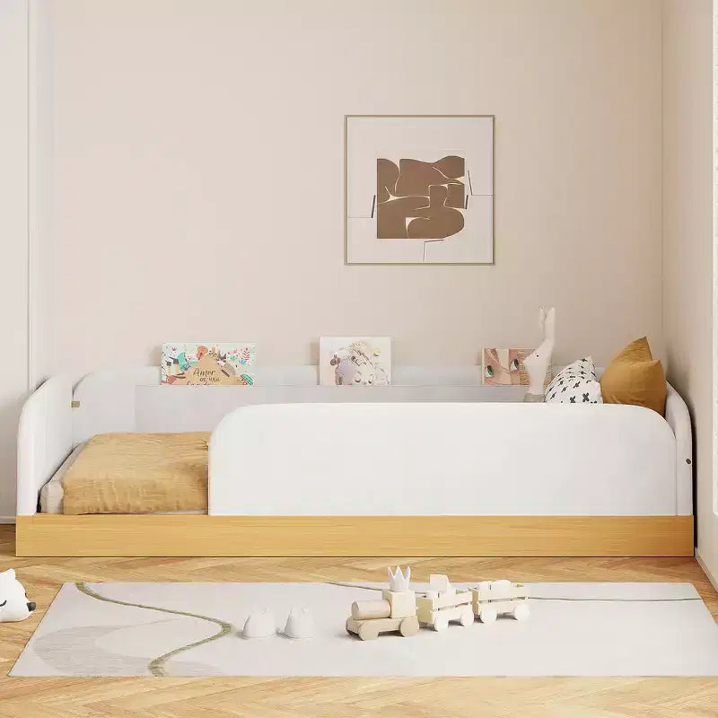 Letto a piattaforma singolo con testiera imbottita e borse portaoggetti