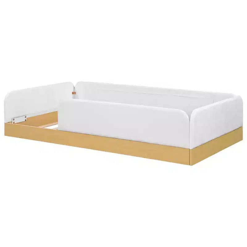 Letto a piattaforma singolo con testiera imbottita e borse portaoggetti