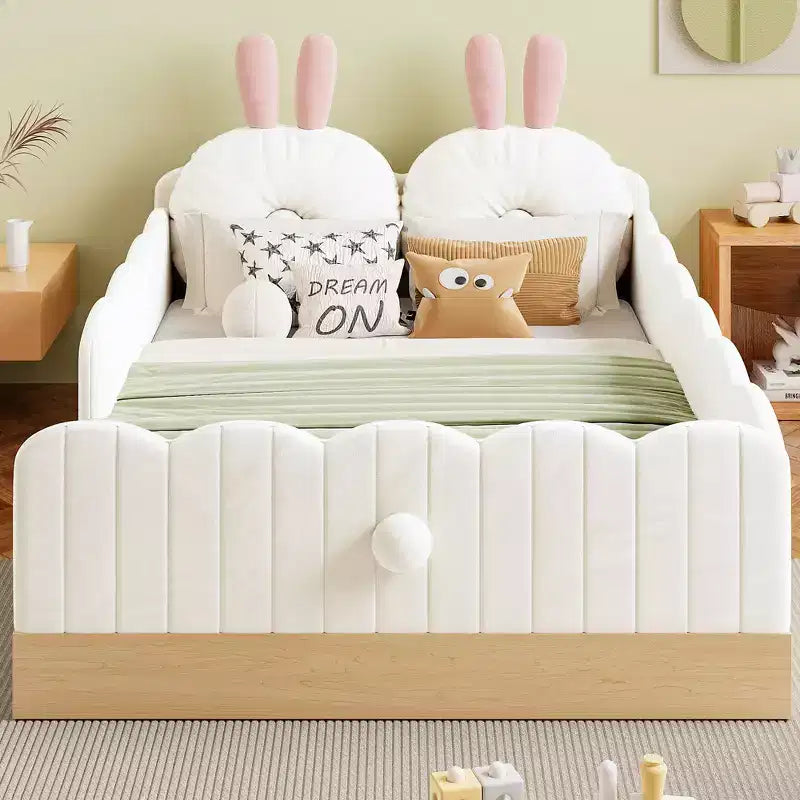 Letto a piattaforma singolo con testiera imbottita e borse portaoggetti