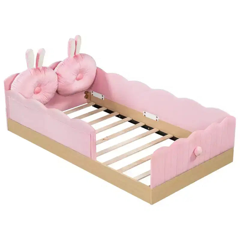 Letto a piattaforma singolo con testiera imbottita e borse portaoggetti