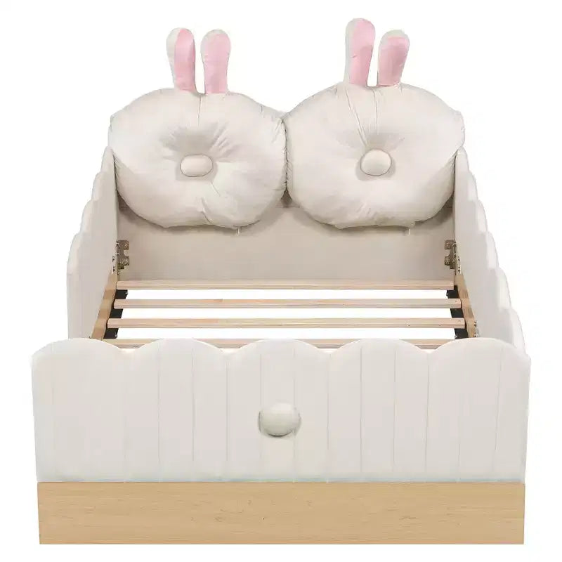 Letto a piattaforma singolo con testiera imbottita e borse portaoggetti