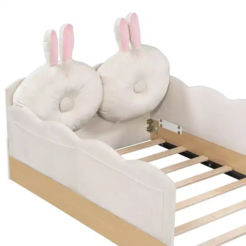 Letto a piattaforma singolo con testiera imbottita e borse portaoggetti