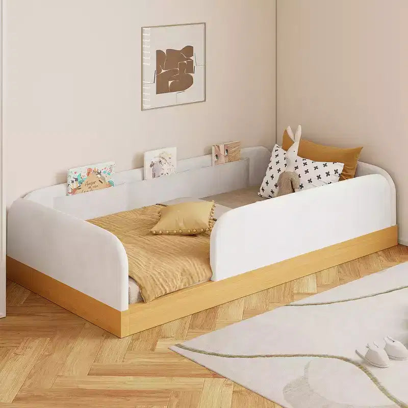 Letto a piattaforma singolo con testiera imbottita e borse portaoggetti
