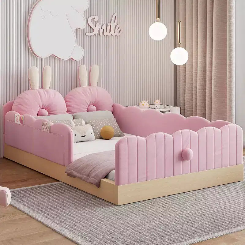 Letto a piattaforma singolo con testiera imbottita e borse portaoggetti