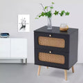 Rattan Bedside Table, 2 Handmade Rattan Drawers Farmhouse Wooden Side Table, Small Night Stand for Living Room, Bedroom, Office, Study Room