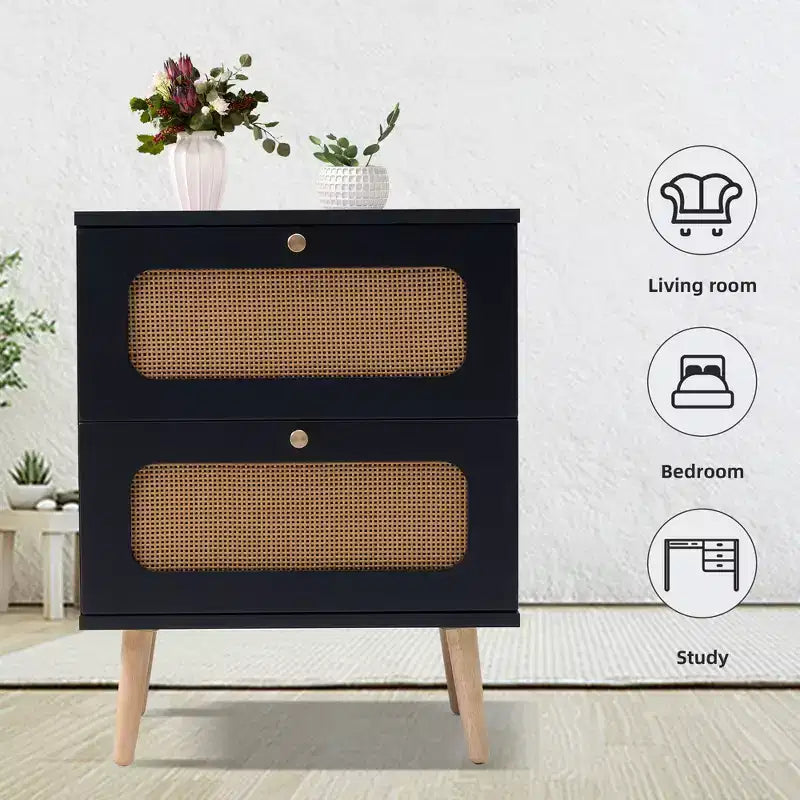 Comodino in Rattan Naturale con 2 Cassetti, Stile Boho