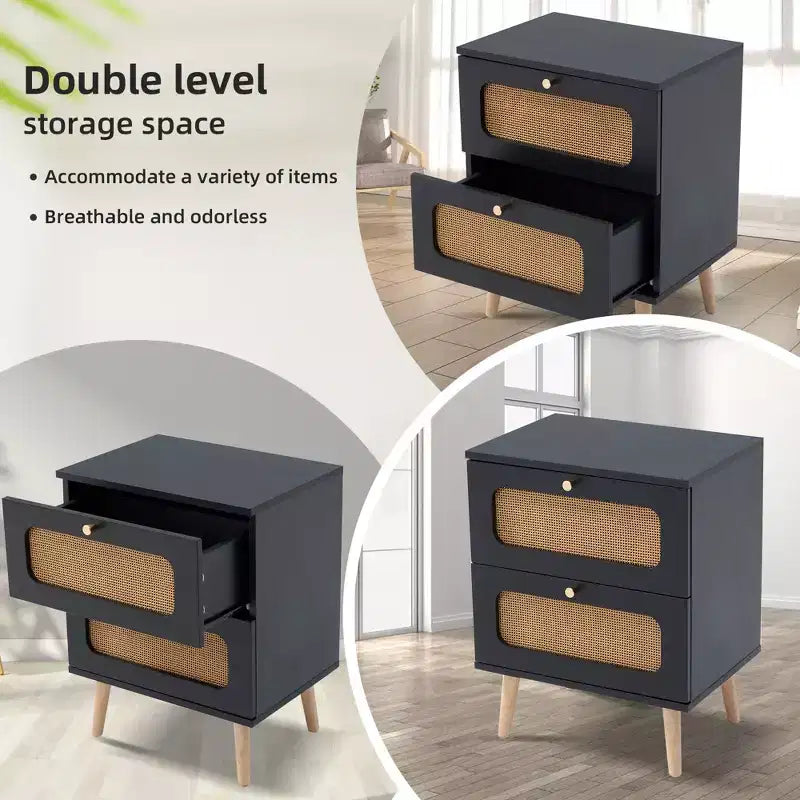 Comodino in Rattan Naturale con 2 Cassetti, Stile Boho