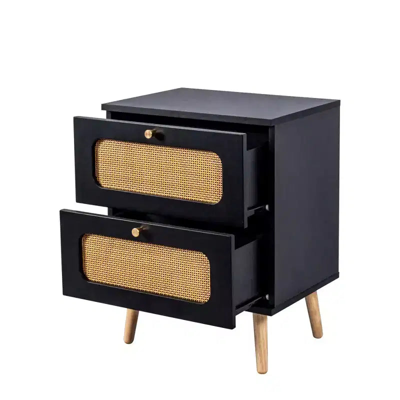 Comodino in Rattan Naturale con 2 Cassetti, Stile Boho