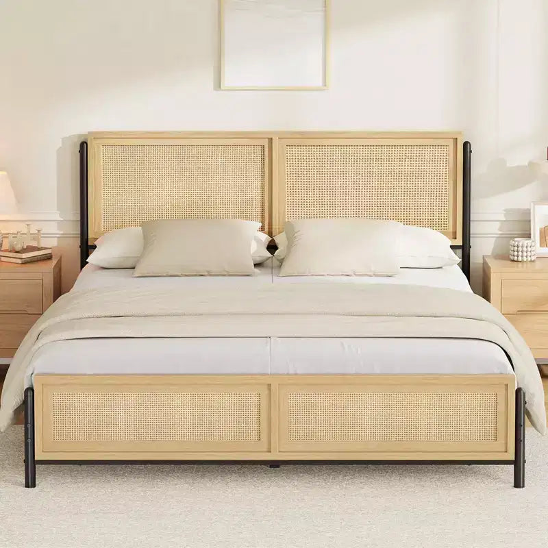 Struttura letto king-size in legno naturale e rattan, stile bohémien, per 2 persone