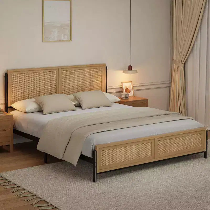 Struttura letto king-size in legno naturale e rattan, stile bohémien, per 2 persone