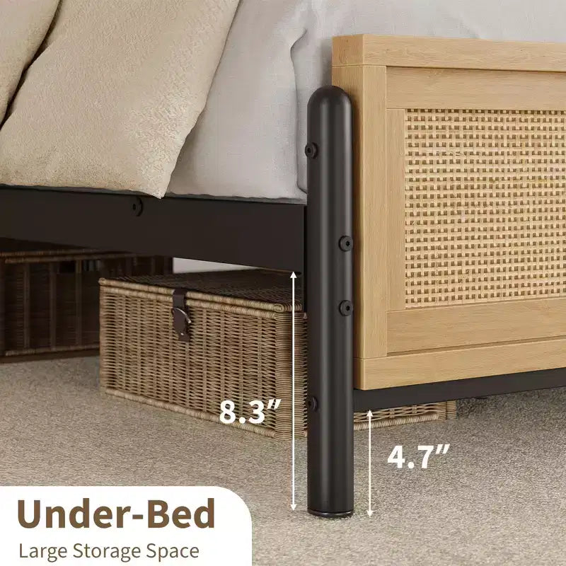 Struttura letto king-size in legno naturale e rattan, stile bohémien, per 2 persone