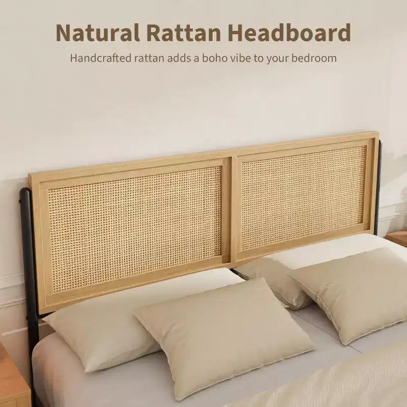 Struttura letto king-size in legno naturale e rattan, stile bohémien, per 2 persone