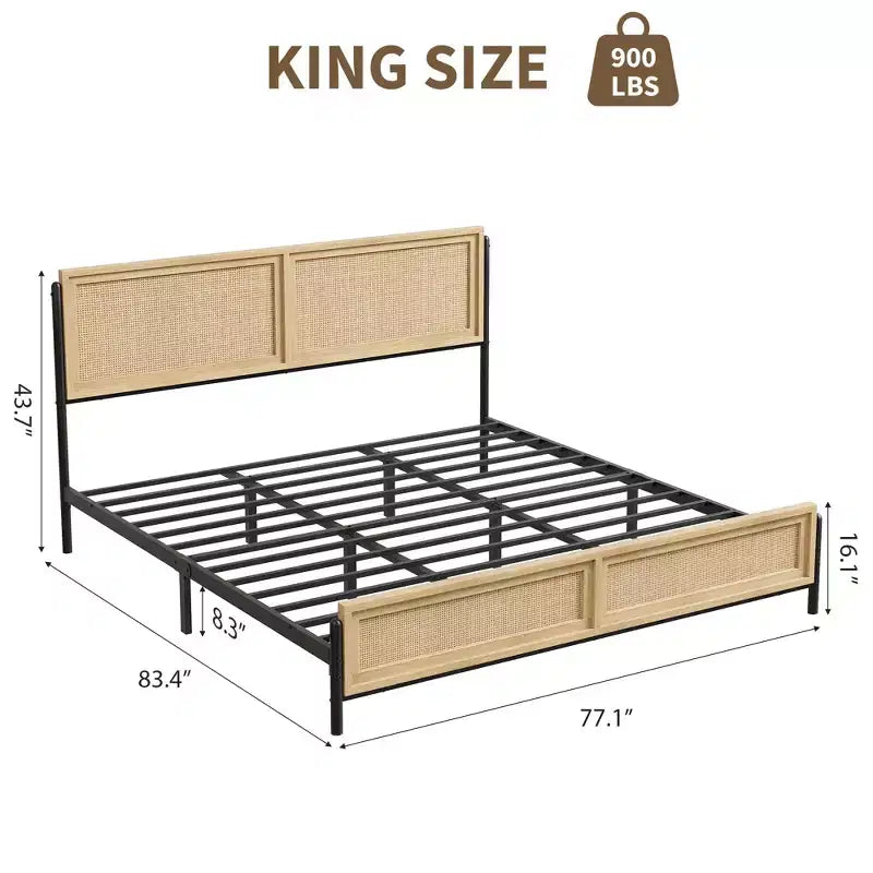 Struttura letto king-size in legno naturale e rattan, stile bohémien, per 2 persone