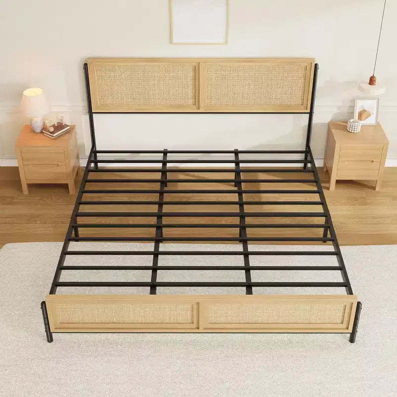 Struttura letto king-size in legno naturale e rattan, stile bohémien, per 2 persone