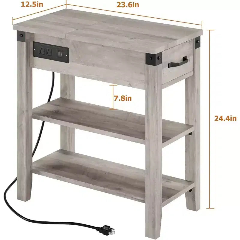 Tavolino con coperchio a ribalta e stazione di ricarica, 2 prese CA e 2 porte USB, tavolino da letto/divano monoposto con contenitore