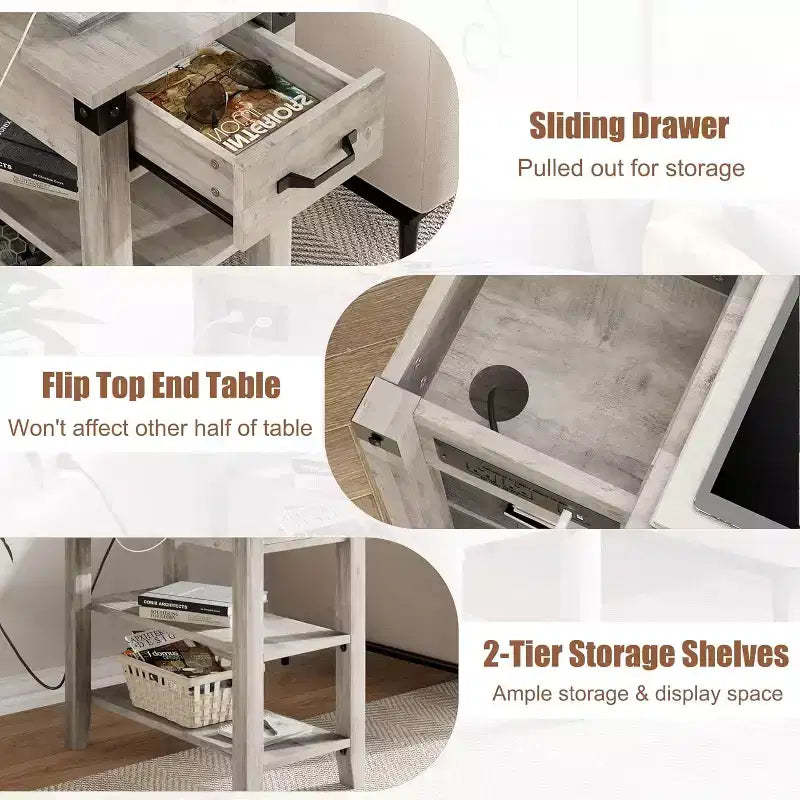 Tavolino con coperchio a ribalta e stazione di ricarica, 2 prese CA e 2 porte USB, tavolino da letto/divano monoposto con contenitore