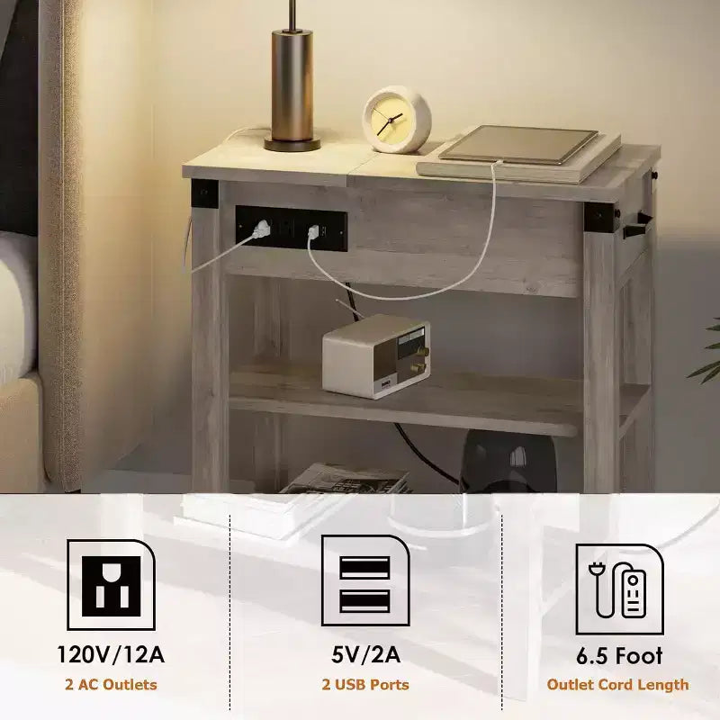 Tavolino con coperchio a ribalta e stazione di ricarica, 2 prese CA e 2 porte USB, tavolino da letto/divano monoposto con contenitore