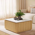 Tavolino quadrato in finto marmo bianco, base moderna in legno, 80 cm