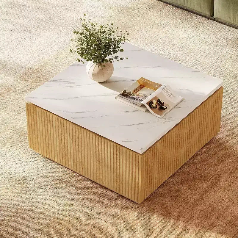 Tavolino quadrato in finto marmo bianco, base moderna in legno, 80 cm