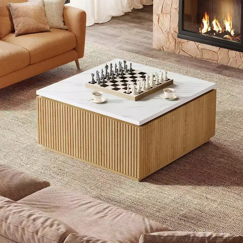 Tavolino quadrato in finto marmo bianco, base moderna in legno, 80 cm