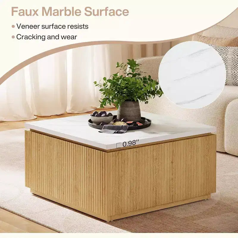Tavolino quadrato in finto marmo bianco, base moderna in legno, 80 cm