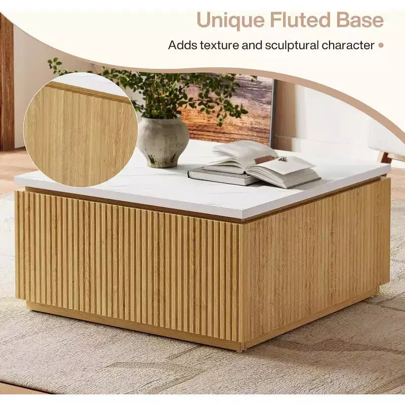 Tavolino quadrato in finto marmo bianco, base moderna in legno, 80 cm
