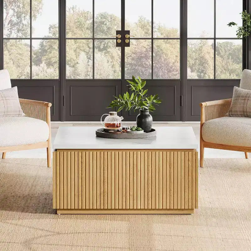 Tavolino quadrato in finto marmo bianco, base moderna in legno, 80 cm