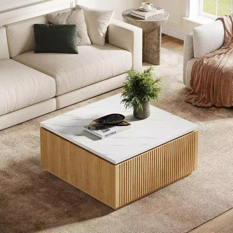 Tavolino quadrato in finto marmo bianco, base moderna in legno, 80 cm