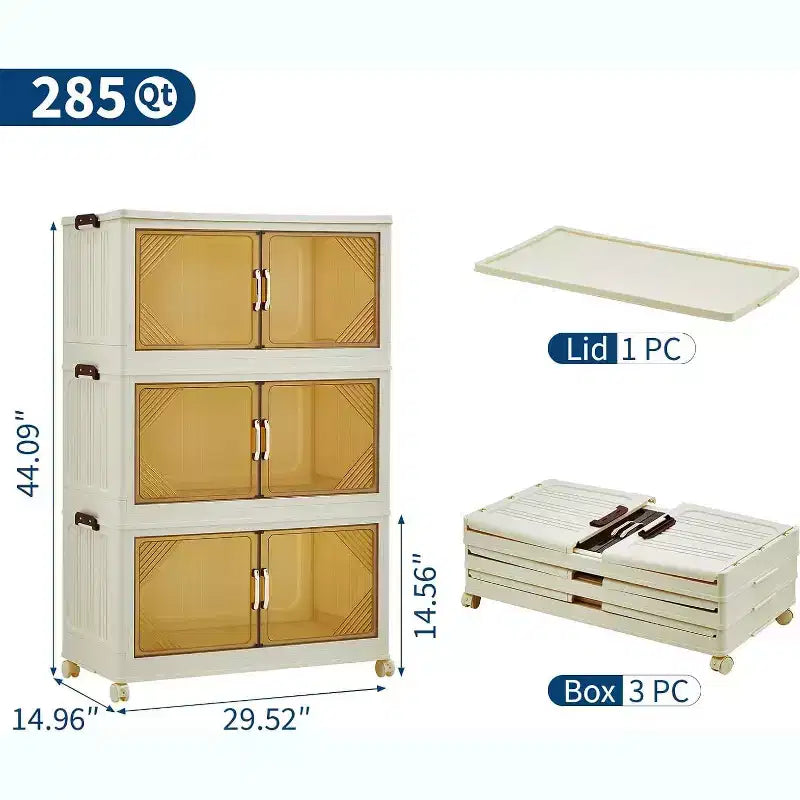 Contenitori portaoggetti impilabili a 3 livelli marroni, 285QT con ruote e ante magnetiche