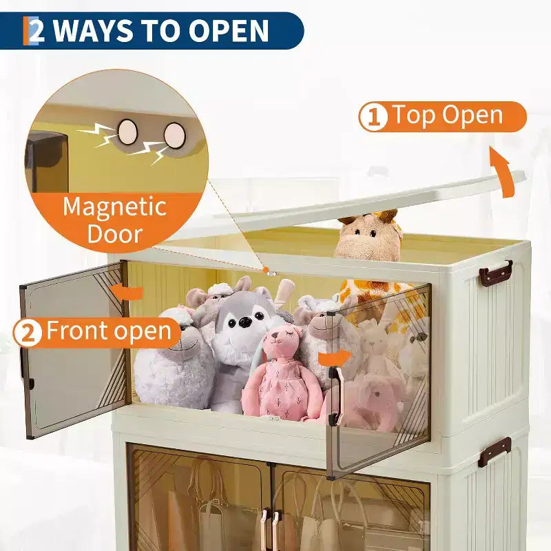 Contenitori portaoggetti impilabili a 3 livelli marroni, 285QT con ruote e ante magnetiche