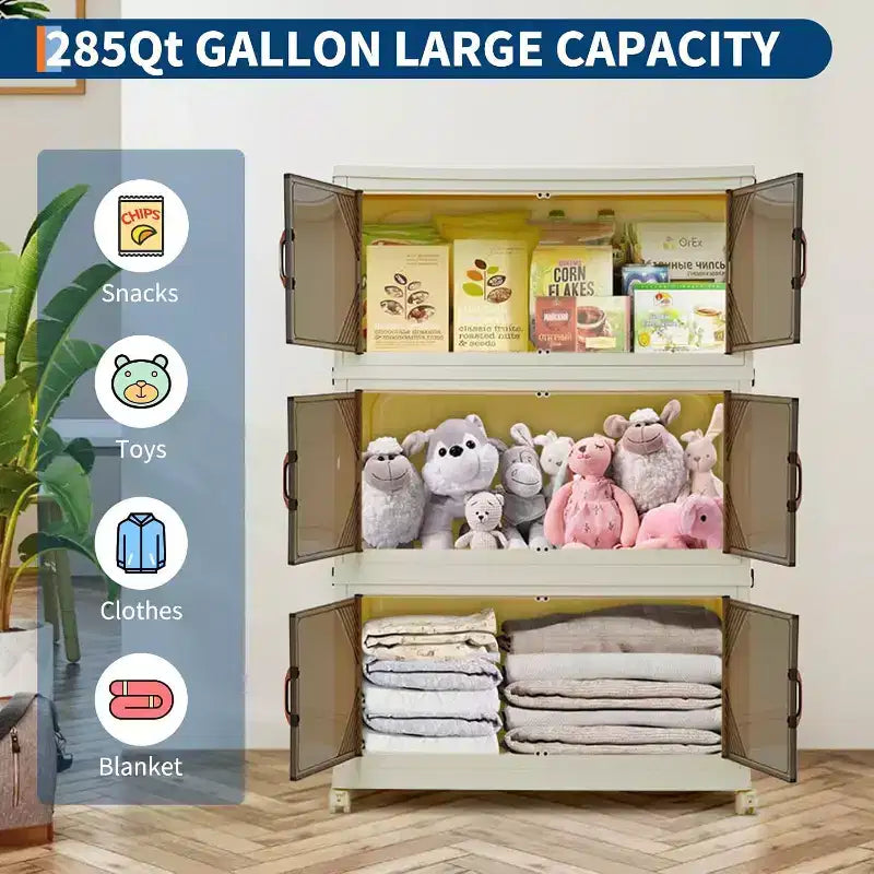 Contenitori portaoggetti impilabili a 3 livelli marroni, 285QT con ruote e ante magnetiche