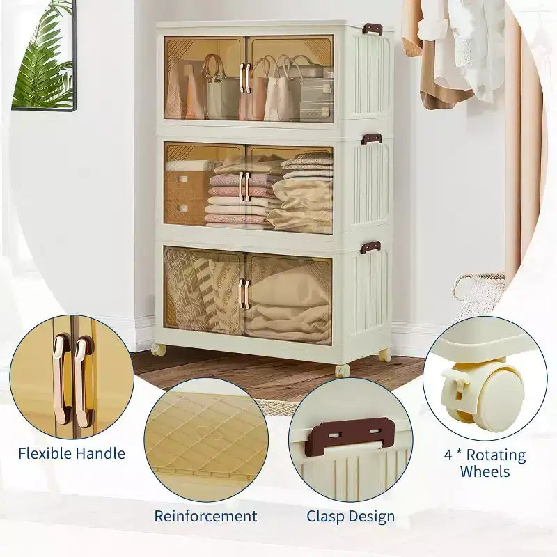 Contenitori portaoggetti impilabili a 3 livelli marroni, 285QT con ruote e ante magnetiche