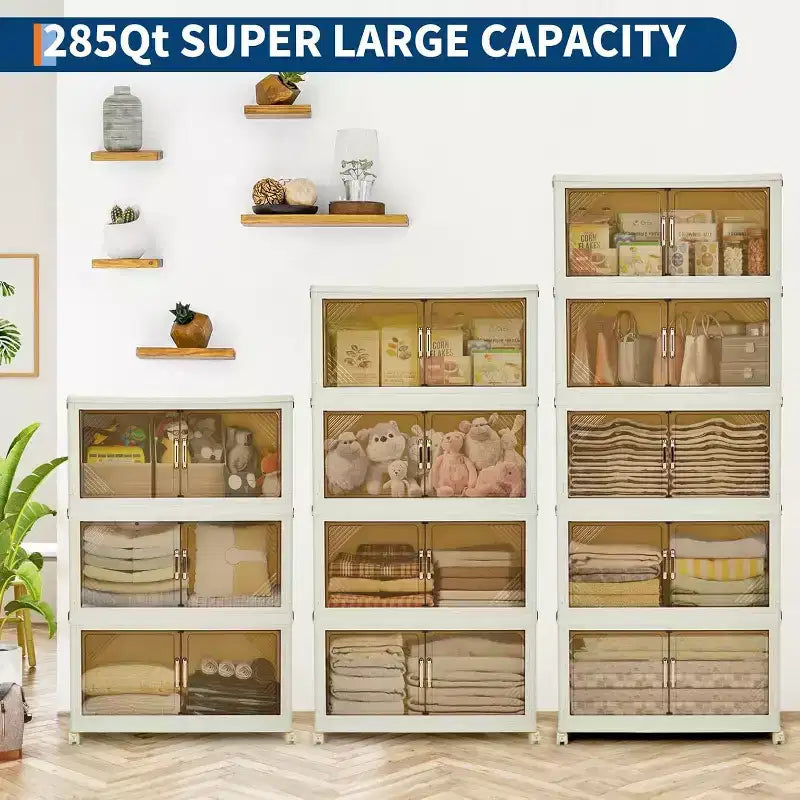 Contenitori portaoggetti impilabili a 3 livelli marroni, 285QT con ruote e ante magnetiche